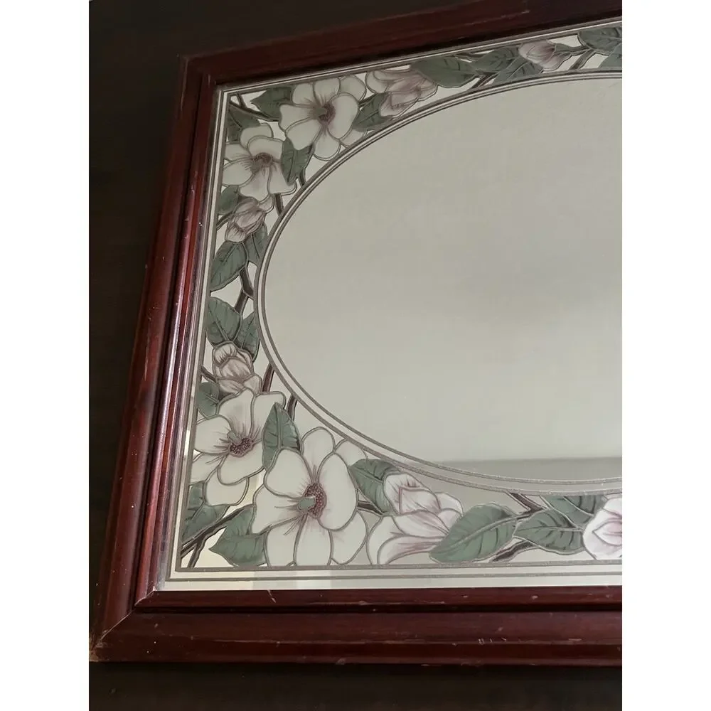 Vtg Romantic Etched Floral Flower Magnolia Oval Mirror Wood Frame Granny Retro